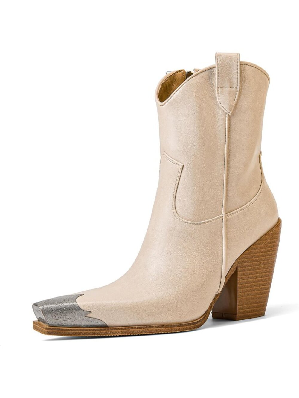 Women's Beige Engraved Steel Toe Cowgirl Boots Stacked Block Heels Short Booties